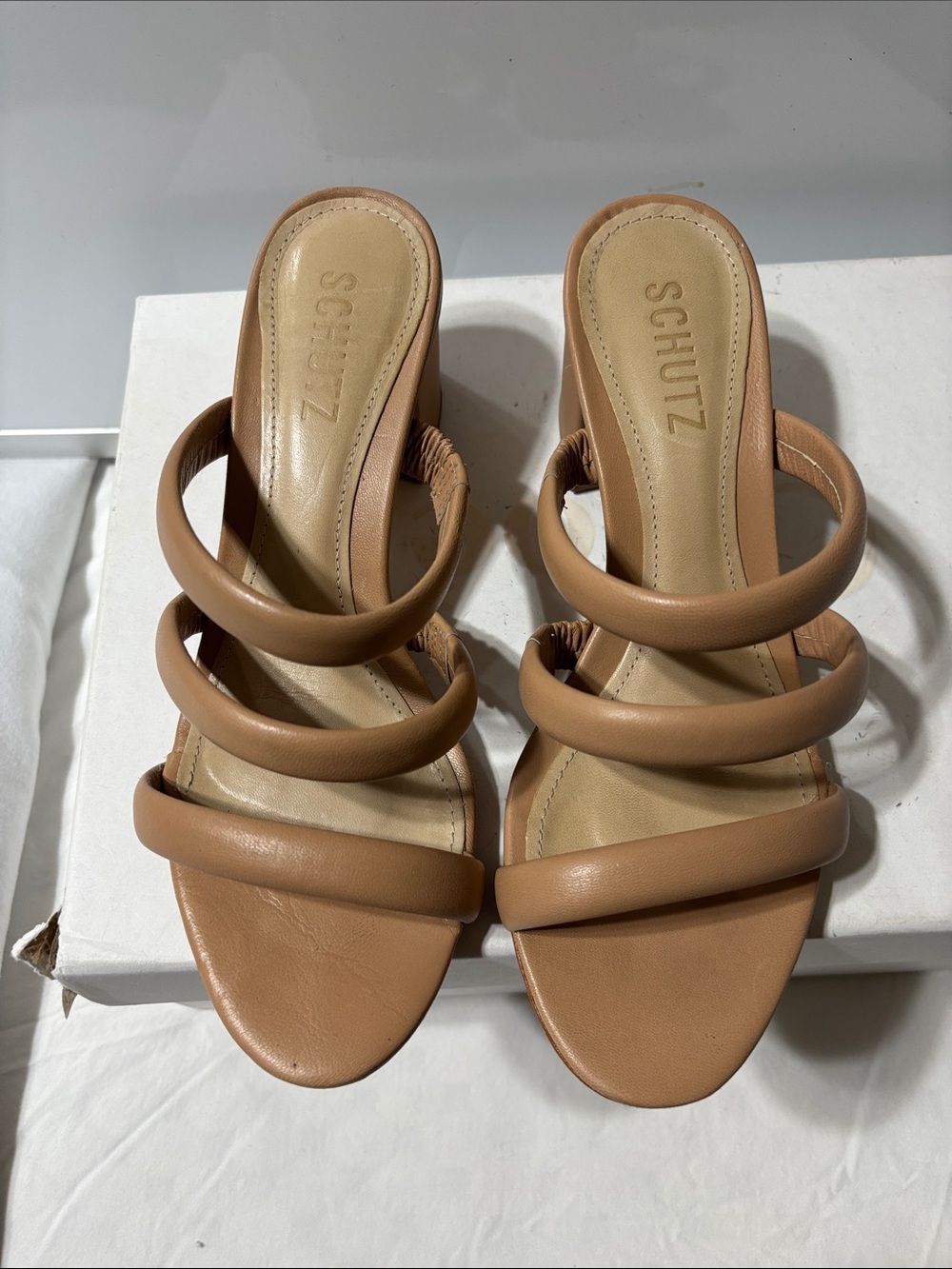 SCHUTZ Tan Triple-Strap Leather Slide Mules. EUC